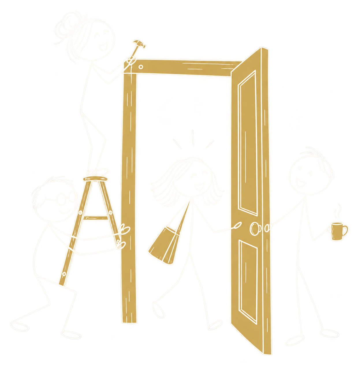 Hand-drawn figures working together to open a gold doorway.